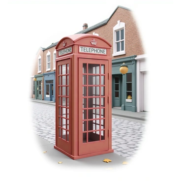 A classic red British telephone booth standing prominently on a cobblestone street. The booth features the iconic crown symbol at the top and large glass windows, reflecting the surrounding buildings. The cobblestones are uneven and have a slightly wet appearance, glistening under the soft glow of nearby street lamps. A few scattered autumn leaves are visible on the ground, adding a touch of color to the scene. In the background, there are traditional brick buildings with small windows, completing the quintessential British street view.