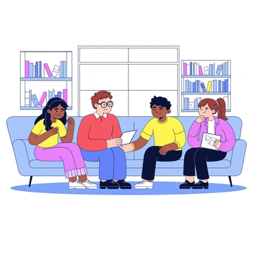A family is sitting in a circular arrangement in a living room. There are four members: a father with short brown hair, a mother with long black hair, a teenage son with glasses, and a young daughter with pigtails. They are all engaged in a discussion about feedback on a household project. The father holds a notepad, while the mother gestures with her hand. The son is leaning forward, listening intently, and the daughter has a drawing pad on her lap, contributing ideas with a smile. In the background, there are bookshelves filled with books and a cozy sofa. A large window allows soft light to illuminate the room.