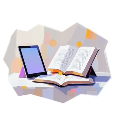 A traditional hardcover book with a dark blue cover sits prominently on one side of the image. Next to it, an e-reader with a sleek black design displays an open page with text. The background has a subtle texture that emphasizes the contrast between the two reading formats. The arrangement highlights the traditional book's classic form alongside the modern e-reader, showcasing their differing sizes and shapes. The scene is well-lit, with soft shadows enhancing the details of both devices, symbolizing the evolution of reading habits.