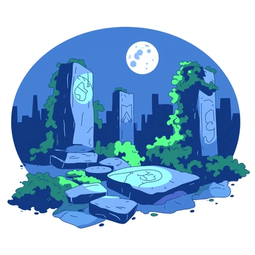 Ancient stone ruins are scattered across a landscape, partially covered in lush green vines. The weathered stones show signs of age, with intricate, mystical symbols etched into their surfaces. These symbols emit a soft, luminous glow, creating an ethereal atmosphere. Above, a full moon hangs brightly in the night sky, casting silver light that accentuates the glowing symbols. Shadows dance across the ground, enhanced by the moonlight, adding depth to the scene. The surrounding area is quiet and serene, contributing to the mystical ambiance of the ruins.