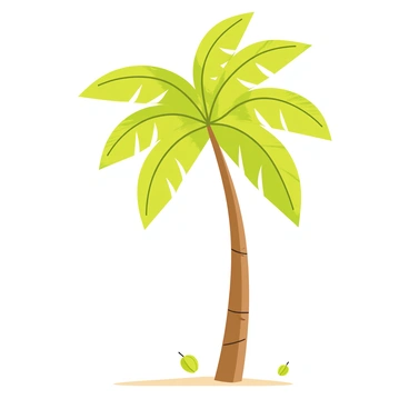 A date palm tree with long, slender trunk and wide, green fronds swaying gently. The leaves of the palm are lush and detailed, showing the texture of each frond. A few scattered coconuts are visible among the fronds. Light shadows are cast on the ground below, indicating the movement of the breeze. The scene captures the tranquility of the moment with leaves slightly bent, illustrating the effect of the soft wind.