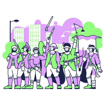 A reinterpretation of "The Night Watch" depicting a group of soldiers assembled in a dynamic pose. The soldiers are dressed in a mix of historical and contemporary attire, showcasing an array of weapons. A central figure raises a sword, while others hold muskets and banners, creating a sense of movement and excitement. The background features an urban setting with tall buildings and streetlights, blending past and present. The group stands under a canopy of trees, with hints of a vibrant sky above.