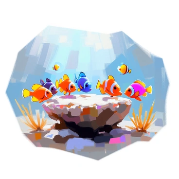 A group of colorful fish gathered around a coral rock under the sea, engaging in a meeting. The scene includes several species of fish, such as orange clownfish, blue tangs, and yellow gobies, all positioned closely as if discussing important matters. The coral rock is detailed, featuring textures and vibrant colors, while marine plants sway gently in the water around them. Sunlight filters down from the surface, casting dappled light patterns on the ocean floor, enhancing the lively atmosphere of this underwater gathering.