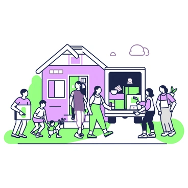 A group of people is gathered outside a house, helping someone move in. In the foreground, there are three individuals carrying a large box, while another person is holding a potted plant. A woman is standing at the entrance of the house, smiling and directing traffic. Nearby, a couple is unloading items from a moving truck, which has its back open revealing furniture. Several children are playing on the lawn, adding a lively atmosphere. The sky above is clear, and the house is freshly painted, welcoming everyone into the neighborhood.