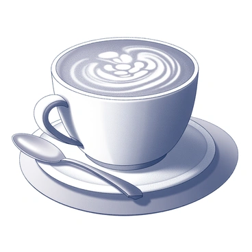 A cup of latte placed on a wooden table. The latte features a textured pattern resembling a honeycomb design on its surface, created by the foam. The cup is white with a smooth finish, and there is a small saucer underneath it. A silver spoon rests beside the cup on the table. Soft shadows are cast on the surface, and the overall composition highlights the intricate details of the foam design.