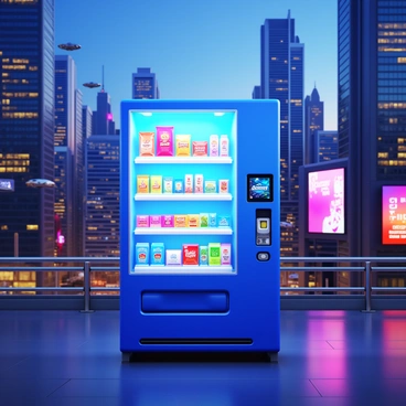 A sleek vending machine featuring a holographic interface, illuminated with vibrant neon lights. The machine displays a variety of snacks and beverages through its transparent sections. Surrounding the vending machine is a futuristic cityscape filled with tall skyscrapers made of glass and steel. Hovering vehicles can be seen in the background, and digital billboards project colorful advertisements. The scene is set at dusk, with the sky transitioning to deep blue and the city glowing with artificial lights.