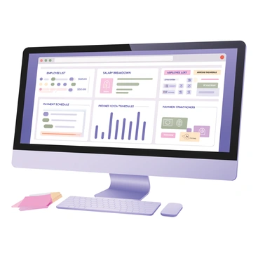 A digital flat illustration featuring a close-up view of a computer screen displaying a payroll software interface. The screen shows various sections with headings like "Employee List," "Salary Breakdown," and "Payment Schedule" in clear, bold fonts. Graphs representing salary distributions and a calendar with payment due dates are visible. There are colorful buttons labeled "Add Employee," "Generate Report," and "Approve Payments" on the interface. The computer screen is framed by a sleek black monitor with a modern design, and there is a white desk underneath with a few office supplies scattered around.