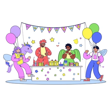 A themed party scene with several guests dressed as fantastical creatures, including a unicorn, a dragon, and a fairy. The unicorn costume features a sparkly horn and a flowing mane. The dragon costume includes scales and large wings. The fairy has delicate wings and a colorful dress. Surrounding them are imaginative decorations such as colorful balloons in various shapes, banners with stars and moons, and a large table covered with themed props like faux treasure chests and magical wands. The floor is scattered with confetti, adding to the festive atmosphere.