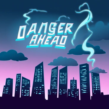 A city skyline at dusk, with tall skyscrapers silhouetted against a deepening twilight sky. Wisps of thick smoke curl upwards from the ground, twisting and shaping themselves into the words "DANGER AHEAD." The letters are bold and ominous, appearing to float above the rooftops. Lights from the buildings flicker as the sun sets, casting a dim glow on the scene. The atmosphere is tense, with dark clouds gathering in the background, hinting at an impending storm.