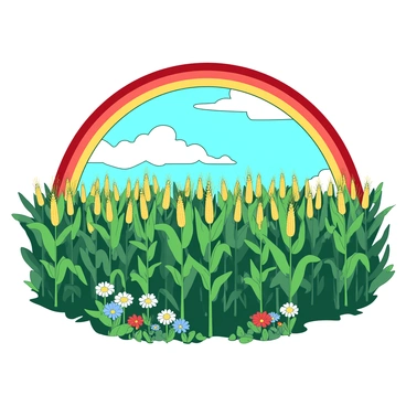 A red rainbow arches gracefully over a sunlit cornfield filled with tall green stalks of corn swaying gently in the breeze. The sky is bright blue, with fluffy white clouds scattered throughout. The sunlight casts warm, golden light across the field, highlighting the rich green leaves and the golden tassels of the corn. In the foreground, there are some colorful wildflowers blooming, adding additional splashes of color to the scene. The overall atmosphere is bright and lively, showcasing the beauty of nature.