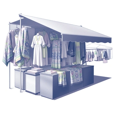 A market stall displaying a variety of clothing from the 1960s. The stall is filled with an assortment of garments, including long flowing dresses and loose-fitting tops. Colorful scarves with intricate ethnic patterns are draped over the front, creating an eye-catching display. The clothing features a mix of vibrant prints and textures, showcasing the bohemian style of the era. The stall is set against a backdrop of an open market, with bustling shoppers and other stalls in the distance.