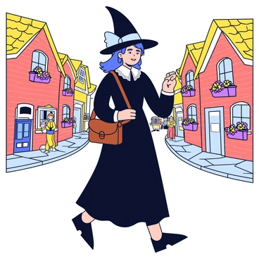 A witch wearing a long, flowing black dress with lace details and vintage accessories, including a wide-brimmed hat adorned with a ribbon. She carries an old-fashioned leather satchel at her side. The quaint village features cobblestone streets, small brick houses with thatched roofs, and colorful flower boxes beneath the windows. The witch walks along the path with a curious expression, glancing at the village shops displaying handmade goods. A few villagers can be seen in the background, going about their daily tasks.