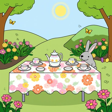 A whimsical tea party scene is set in a vibrant garden filled with colorful flowers and lush greenery. The table is covered with a floral tablecloth featuring a variety of blooming patterns in shades of pink, yellow, and green. On the table, there are multiple delicate tea sets, each with intricate designs, including a teapot with a matching set of cups and plates. Nearby, a small, cheerful bunny is peeking out from behind the table, curiously watching the party. The sun shines brightly overhead, casting cheerful shadows on the scene. A few butterflies flutter around, adding to the playful atmosphere.