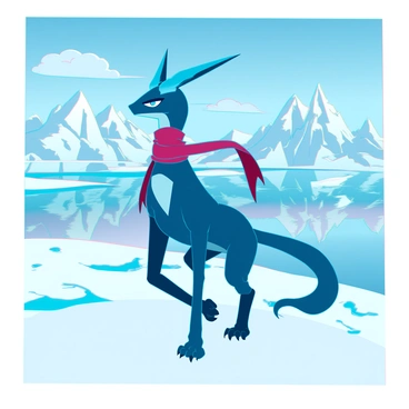 A sleek Greninja with deep blue skin and a distinctive scarf, standing poised at the peak of a snow-covered mountain. The Greninja's eyes are narrowed, and its ninja-like posture conveys a sense of vigilance. It gazes over a vast, frozen landscape adorned with glistening snow and icy formations. In the distance, jagged icebergs rise from a frozen lake, reflecting the brilliant sunlight. Fluffy clouds drift lazily in the bright blue sky, and a gentle breeze swirls around Greninja, causing slight ripples in the snow.