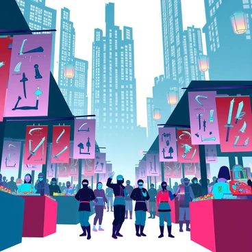A bustling market scene in Ninjago City filled with an array of colorful stalls. Each stall is adorned with vibrant banners displaying various ninja gear for sale, including swords, throwing stars, and specialized armor. Crowds of ninjas in different colored outfits navigate through the market, inspecting the merchandise. The background features tall, modern buildings with intricate architectural details, while lanterns hang above, illuminating the lively atmosphere. Vendors enthusiastically showcase their products, creating an energetic and dynamic environment.