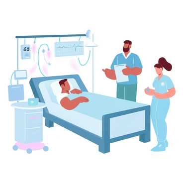 Two nurses are standing beside a hospital bed in a cardiac care unit. One nurse is checking the patient's vital signs on a monitor displaying numbers and graphs, while the other is writing notes on a clipboard. The patient is lying in bed with a connected IV line and several monitoring devices attached. Medical equipment is placed around the room, including an ECG monitor and an infusion pump. The environment has a clean, clinical appearance with soft lighting that creates a calm atmosphere.