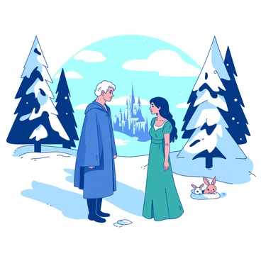 A white snowy landscape stretches across the image, with tall trees covered in thick layers of snow. In the foreground, two characters, "Leontes," dressed in a rich blue cloak, and "Hermione," in an elegant teal gown, stand facing each other. Leontes has a concerned expression, while Hermione looks calm and dignified. Snowflakes gently fall around them, adding to the enchanting atmosphere. In the background, a distant castle can be seen, its towers adorned with icicles. A few small woodland creatures, such as a rabbit, peek cautiously from behind the trees, adding life to the serene winter scene.