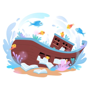 A vibrant underwater scene features various colorful fish swimming gracefully around an ancient shipwreck. The shipwreck is partially buried in sand, adorned with corals and marine plants. Sunlight filters through the water, casting shimmering patterns on the ship's weathered wood and revealing sections filled with weathered books. The books are scattered and partially open, with some pages fluttering in the gentle currents. Various species of fish in bright hues, such as blues, oranges, and yellows, dart in and out of the shipwreck, exploring the intriguing underwater environment.