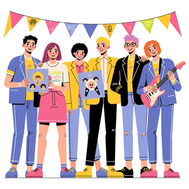 A group of fans dressed as their favorite band members stands together at a convention. Each fan wears a unique outfit that reflects the style of their chosen band member, featuring vibrant colors and distinctive accessories. Some fans have bold hairstyles that mimic their idols, while others showcase elaborate makeup designs. Their expressions display excitement and enthusiasm, capturing the joy of the event. One fan holds a poster of the band, while another poses with a guitar. The background is filled with colorful banners and decorations related to the band.