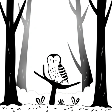 A barred owl perched on a low branch, surrounded by softly swirling mist in a tranquil forest. The owl's distinctive feather patterns are clearly visible, showcasing the barred markings. Tall trees with textured bark rise around the owl, their silhouettes blending into the fog. Soft light filters through the mist, creating a sense of calm in the atmosphere. The ground is covered with a layer of fallen leaves, adding to the natural setting.
