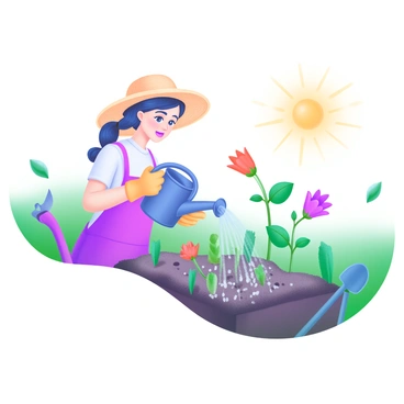 A modern pastel illustration depicting a gardener with a focused expression, watering a wilted garden full of various plants and flowers. The gardener is wearing a straw hat and gardening gloves, holding a watering can. The garden features drooping flowers and dry soil, with a few vibrant green leaves peeking through. In the background, bright sunlight filters through, casting a warm glow, symbolizing hope. Small sprinkles of water from the can create a shimmering effect as they fall onto the plants. A garden tool, such as a spade, rests on the ground nearby.