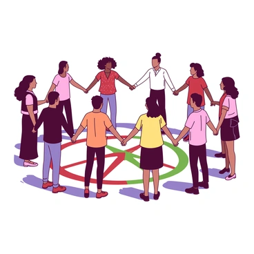 A group of diverse individuals stands together, holding hands in a circle. Each person displays unique clothing styles, showcasing cultural diversity. In the center of the circle, there is a large peace symbol painted on the ground. The peace symbol is vibrantly colored, contrasting against the natural color of the ground. The individuals are looking towards the symbol, expressing a sense of unity and harmony. Sunlight casts soft shadows of the people, enhancing the sense of togetherness in this peaceful gathering.