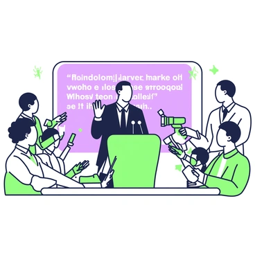 A press conference scene featuring Malcolm X standing at a podium, addressing a crowd of journalists. He is wearing a dark suit and a tie, with his arms engagingly gesturing as he speaks. In front of him, several journalists are seated, holding notepads and microphones, focused intently on his words. A few cameras are positioned at different angles, with flashes going off intermittently, illuminating the scene. Behind Malcolm X, a large banner with text in quotes hangs on the wall, adding to the atmosphere of the event. The room is filled with a sense of anticipation and urgency as questions are being asked.