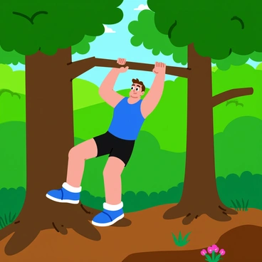 A person performing pull-ups on a sturdy tree branch in a dense forest. The individual is wearing a bright blue tank top and black athletic shorts, showcasing their muscular build. Surrounding them are tall trees with lush green foliage, creating a vibrant canopy overhead. Sunlight filters through the leaves, casting dappled shadows on the forest floor, which is covered with rich brown soil and patches of grass. The atmosphere is lively with various shades of green, and a few colorful wildflowers peek through the underbrush.