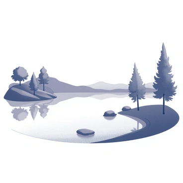 A lake with calm, still water. The surface of the lake reflects the sky above with a smooth, mirror-like quality. Surrounding the lake are trees with a variety of leaf shapes, some of which droop slightly towards the water. In the distance, low hills roll gently, adding depth to the scene. A few rocks are positioned along the water's edge, partially submerged and providing texture to the landscape. The atmosphere conveys a sense of tranquility and solitude.