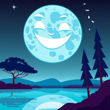A giant moon with a detailed, expressive face, featuring large, bright eyes and a wide smile, hangs prominently in the night sky. Below, a tranquil landscape is illuminated by the moon's soft glow. Silhouetted trees with gently swaying branches line the horizon, and a serene lake reflects the moon's face, creating a shimmering effect on the water's surface. The sky is dotted with a few twinkling stars, enhancing the peaceful ambiance of the scene.