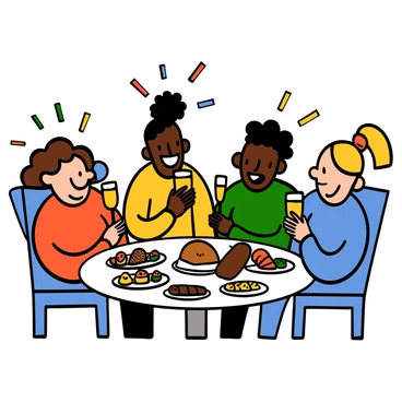 A group of four friends seated around a table enjoying a laid-back brunch. They are laughing and smiling, holding glasses of "mimosas" in their hands. The table is set with a variety of "light snacks," including fruit platters, small pastries, and a loaf of bread. The friends are diverse in appearance: one has light skin and wavy brown hair, another has medium skin and curly black hair, a third has dark skin and short hair, and the last has light skin and long blonde hair tied up in a bun. The setting is bright and casual, with sunlight streaming in.