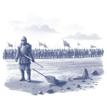 An ancient battlefield stretches out under a cloudy sky. The ground is littered with remnants of past conflicts, such as broken weapons and tattered banners. In the foreground, a lone soldier stands tall, wearing a weathered suit of armor and gripping a sword firmly in one hand. His face shows determination, reflecting bravery in the face of overwhelming odds. In the background, a massive army is advancing, consisting of numerous soldiers in various forms of armor, some holding shields and others with spears raised. The scene captures the tension of an impending clash, with the soldier positioned as a symbol of defiance against the approaching forces.