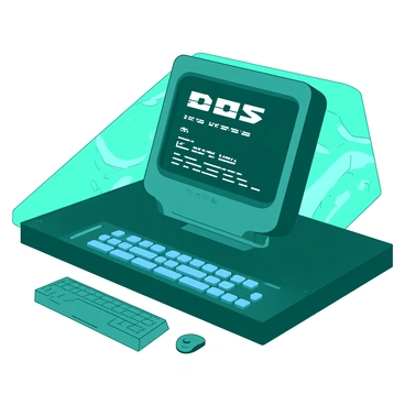 A teal futuristic console with sleek, angular edges is positioned on a dark surface. The console features a glossy finish that reflects soft ambient light. On its screen, there is a nostalgic white DOS interface displayed, showcasing classic text commands and a blinking cursor. The console has glowing blue buttons and a minimalist keyboard nearby, with a few keys highlighted in a different shade of teal. The background is composed of subtle geometric patterns, adding to the futuristic atmosphere while allowing the console and its screen to stand out prominently.