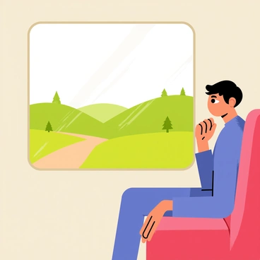 An ambivert sitting by a window in a train. The character has a thoughtful expression, with their chin resting on their hand. Outside the window, vibrant green hills and fields pass by, with a few scattered trees. The train interior features simple seating and a warm color palette. A faint reflection of the character is visible on the glass, capturing a moment of contemplation as the scenery changes rapidly.