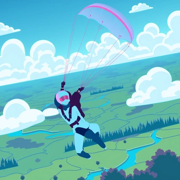 A skydiver in freefall, wearing a sleek blue jumpsuit and a helmet, is soaring through the sky. Below, a picturesque landscape unfolds, featuring lush green fields, winding rivers, and clusters of trees. The scene is accentuated by fluffy white clouds scattered across the bright blue sky. The sunlight casts dynamic shadows over the terrain, highlighting the beauty of the natural surroundings. The skydiver's parachute is deployed, creating a vibrant splash of color against the serene backdrop.
