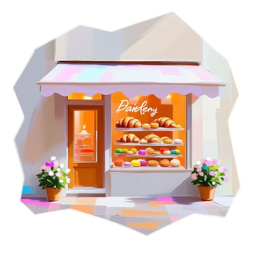 A quaint bakery facade painted in soft pastel colors, featuring a welcoming entrance with a wooden door framed by flowering planters. The large window display showcases an array of delicious pastries, including golden croissants, colorful macarons, and fruit tarts, all artfully arranged on elegant stands. The bakery's name is displayed in a charming font above the window, adding to the inviting atmosphere of the scene.
