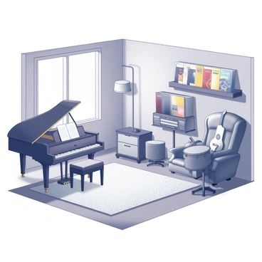 A room filled with various musical instruments. There is a grand piano positioned against one wall, with sheet music neatly placed on the stand. A vintage guitar rests on a stand nearby, while a set of drums occupies a corner of the room. Records are neatly lined up on shelves, showcasing colorful album covers. The floor is covered with a plush rug that adds warmth to the space. Soft lighting illuminates the room, creating a cozy atmosphere. A comfortable chair is placed next to a small table, inviting someone to sit and enjoy the music.