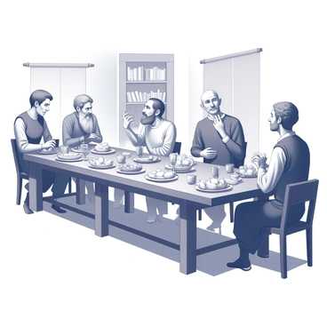 A long wooden table is set with various dishes and goblets. At one end, "Aristotle," a middle-aged man with a beard, is seated, animatedly engaging in discussion. Next to him, "Plato," an older man with a thoughtful expression, listens intently. Other philosophers are scattered around the table, each engaged in their conversations, some gesturing with their hands. The table is adorned with fruits and bread, and the background features shelves filled with scrolls and books. Dim light from oil lamps casts shadows across the room, adding to the atmosphere of intellectual exchange.