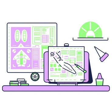 A designer's table is covered with detailed blueprints of an airplane. The blueprints include various pages showing different views of the airplane, such as top, side, and front perspectives. Each page is filled with intricate lines, measurements, and notes. A pencil and a ruler are placed on the table beside the blueprints, indicating the process of design. There is a drafting compass lying next to the blueprints, suggesting precision in the work. The table has a wooden surface, and a window in the background allows natural light to illuminate the scene.