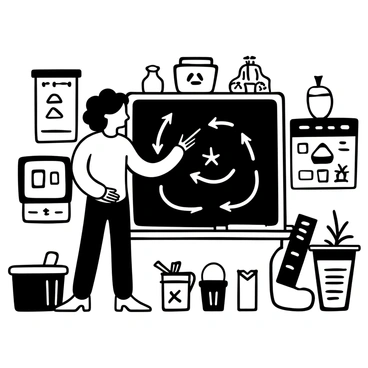 A teacher standing in front of a large blackboard, pointing at a diagram illustrating the recycling process. Surrounding the teacher are various eco-friendly items, including reusable bags, glass containers, and a compost bin. There are posters on the wall depicting recycling symbols and tips for reducing waste. A table next to the teacher displays plant-based products and informational pamphlets on recycling.