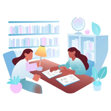 A tutor is sitting at a wooden table, leaning slightly forward while engaged in a discussion with a student across from them. The student has a notepad open in front of them, filled with handwritten notes and diagrams. Surrounding them are tall bookshelves packed with various books of different sizes and colors. A warm lamp on the table casts a soft light over the scene, illuminating the pages of the notepad and creating a cozy atmosphere. In the background, a globe sits atop a nearby shelf, adding to the scholarly environment. A small potted plant rests in the corner, adding a touch of greenery to the room.