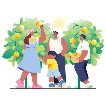 A group of three people is picking lemons from vibrant green trees in an orchard. One person, a woman with long brown hair, is reaching up to pluck a bright yellow lemon from a branch, wearing a light blue dress and a straw hat. Beside her, a man with short black hair is holding a wicker basket filled with lemons while smiling at the woman. The third person, a child with curly hair, is standing on tiptoes to reach for a lemon, wearing a yellow shirt and denim shorts. Sunlight filters through the leaves, illuminating the fruit and creating a warm atmosphere in the orchard.