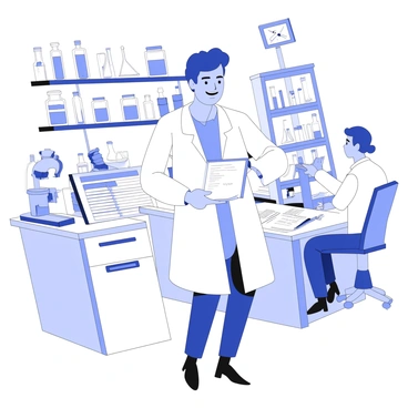 A cheerful scientist is standing in a busy lab, wearing a lab coat. The scientist is holding a clipboard with notes and data. Surrounding them are various lab equipment such as beakers, test tubes, and a microscope. There are stacks of papers on a nearby table, and in the background, other scientists are engaged in experiments and discussions. The lab is filled with shelves containing jars and equipment, creating a dynamic and active atmosphere.