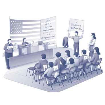 A school assembly taking place in a gymnasium. Students are gathered, sitting on folding chairs arranged in rows, facing a stage area. Some students are standing at the front, proudly holding "handmade banners" with various designs and messages. The banners display words of appreciation for veterans. Teachers and staff are present, observing the event with expressions of pride. A large American flag hangs prominently in the background, signifying the patriotic theme of the assembly. The atmosphere is one of respect and celebration, with many students dressed in school uniforms.