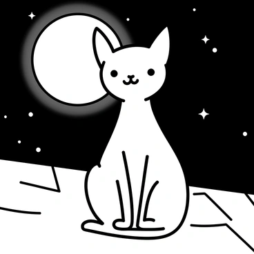 A sphynx cat with smooth, hairless skin, sitting gracefully on a rooftop. The moon is full, casting a silvery glow that highlights the cat's features. The background shows a dark sky filled with subtle stars, providing a contrast to the cat's pale skin. The rooftop has a few scattered tiles, and the edges are slightly worn, suggesting age. The overall scene captures the tranquility of a night under the moonlight.