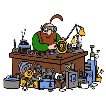 A dwarf with light skin and a long brown beard is seated at a cluttered wooden desk filled with various clockwork gadgets and tools. He is wearing goggles pushed up on his forehead and a brown leather apron over a green shirt. The desk is scattered with cogs, springs, and unfinished projects, showcasing his craftsmanship. The dwarf is focused, carefully adjusting a small gear in a device with tiny moving parts, and there is a faint glow from a small lamp illuminating the scene.