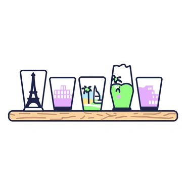 A collection of souvenir shot glasses is displayed on a wooden shelf. Each shot glass features distinct designs representing various global landmarks. The shot glass on the left is shaped like the Eiffel Tower, while the next one depicts a colorful beach scene with palm trees. A glass featuring the Great Wall of China is placed at the center, surrounded by glasses showcasing the Statue of Liberty and an image of the Colosseum. The shelf itself has a textured finish, and the shot glasses are arranged in an organized manner, allowing each design to be clearly visible.