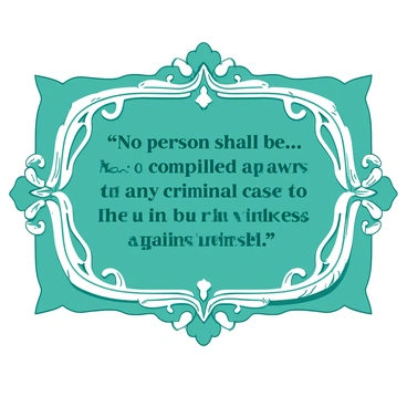 A white decorative frame is positioned against a teal background. Inside the frame, the text "No person shall be... compelled in any criminal case to be a witness against himself" is elegantly displayed in a classic serif font. The quote is centered within the frame, surrounded by intricate floral and filigree patterns in white, enhancing the visual appeal of the design. The frame has a glossy finish, reflecting light subtly.