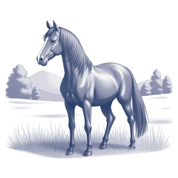 A majestic horse with a shiny coat stands in a lush pasture. The horse has a long mane that flows gently in the breeze. Surrounding the horse are tall grasses that sway softly, creating a serene atmosphere. In the background, there are rolling hills dotted with trees that add depth to the scene. The sky is clear, providing a bright backdrop for this tranquil setting.