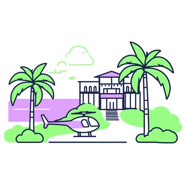 A luxurious island retreat sits prominently on a vibrant landscape. In the foreground, there is a helicopter pad marked out clearly, with a sleek helicopter parked on it. Surrounding the pad, several tall palm trees sway gently in the breeze, their fronds casting unique shadows on the ground. The retreat is a large, elegant structure featuring spacious balconies and large windows that reflect the sky. In the background, the ocean glistens under the sunlight, adding to the idyllic setting.